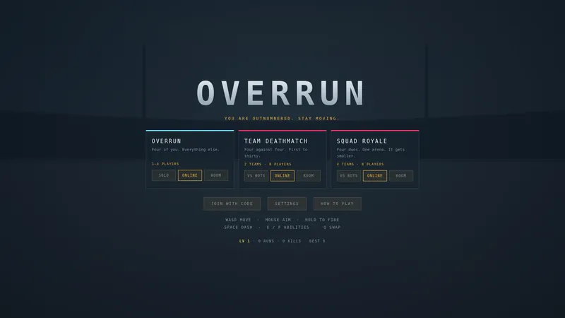 The OVERRUN title screen: the wordmark over a dark arena, with three mode cards below it.