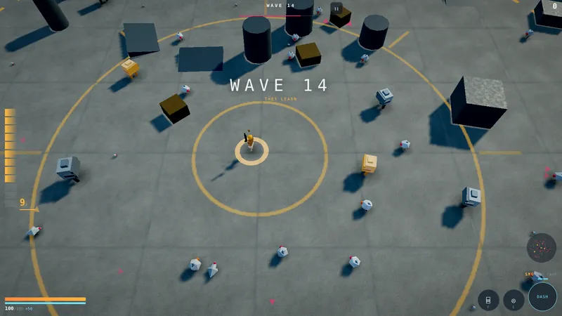 Wave 14 of co-op: dozens of enemies converging on a single player in a pale concrete arena.