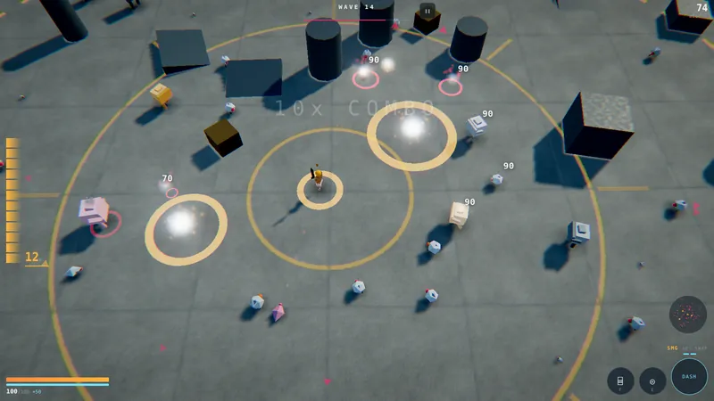 Two explosions going off at once, damage numbers rising, a ten times combo counter on screen.