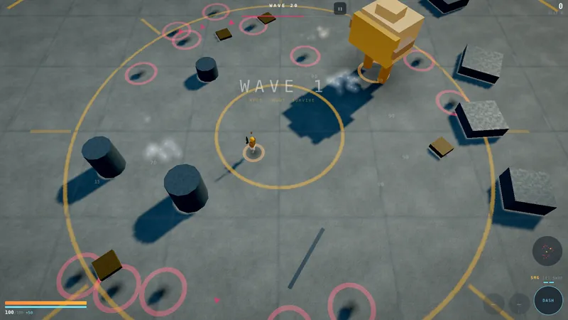A boss twice the height of everything else, telegraphed slam rings marked in rose across the floor.