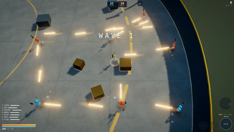 Team deathmatch at 22 to 19, blue and orange players trading fire across a symmetric arena.