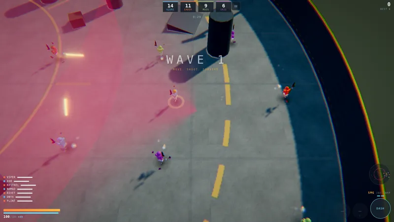 Squad royale with four scores on the HUD and the arena's rose closing zone eating the left half of the floor.