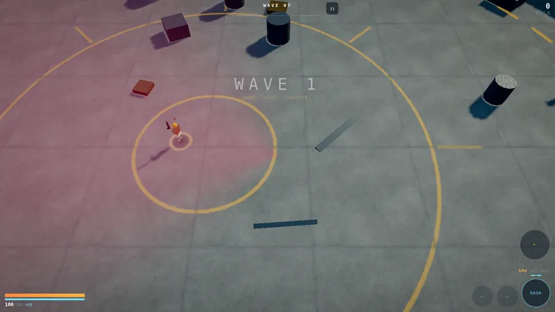 A quiet moment on wave 7: one player alone on a wide concrete floor, the arena tinted rose on one side.