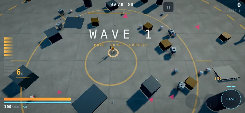 The same game on a phone in landscape, with a floating dash pad and thumb controls at the edges.