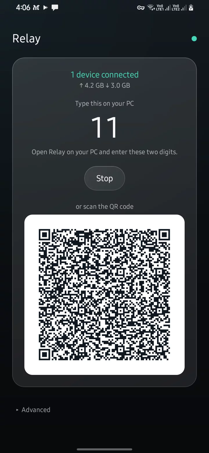 Relay on Android: one device connected, 4.2 GB up and 3.0 GB down, the two-digit pairing code, and a QR code.
