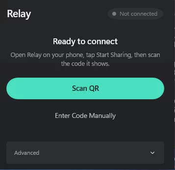 Relay on Windows: a compact window offering Scan QR or Enter Code Manually.